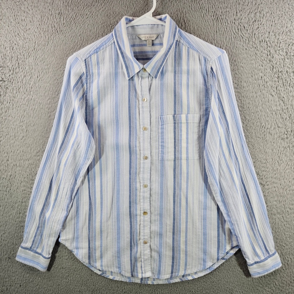 Lucky Brand Womens Small Blue White Striped Cotton Button Down Shirt Long Sleeve